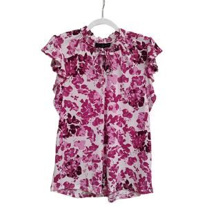 FRED DAVID Pink Floral Ruffle Cap Sleeve Blouse - Smocked Tie Neck - Size M